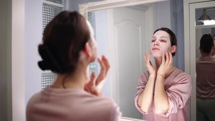 Woman applying facial mask in modern bathroom, with soft lighting and towels in the background, showcasing self-care and beauty routine for relaxation and rejuvenation