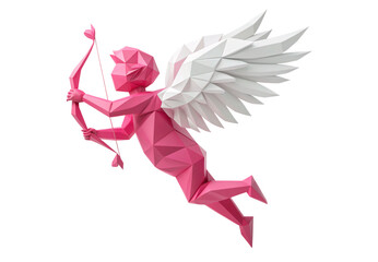 Pink low-poly cupid shooting arrow with white wings extended, isolated on a transparent background