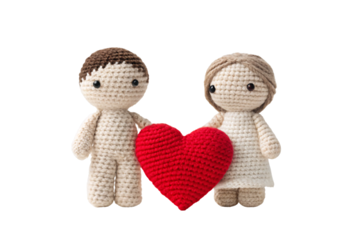 Two crocheted figures holding red heart between them, handmade couple, isolated on a transparent background - Powered by Adobe