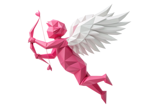 Pink low-poly cupid shooting arrow with white wings extended, isolated on a transparent background - Powered by Adobe