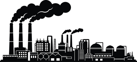 Industrial city pollution concept, black silhouette factory buildings, chimneys emitting heavy dark smoke, urban air contamination, manufacturing industry environmental risk.