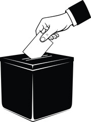 Black and White Vector Icon of Hand Placing Ballot into Box Representing Voting and Democratic Participation
