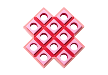 Geometric pattern of interlocking pink and red diamond shapes with circles, isolated on a transparent background