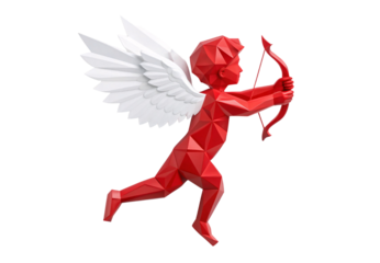 Low poly red Cupid with white wings drawing heart-tipped arrow, isolated on a transparent background
