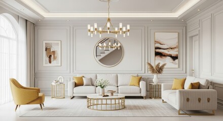 Bright and elegant living room interior design with white sofas, gold accents, and geometric coffee table.