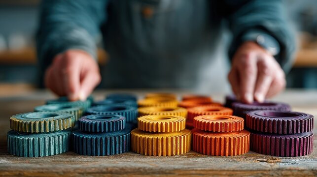 Person arranging vibrant, colorful wooden gears on a wooden surface. Close-up shot