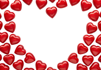 Red heart-shaped decorations creating frame border on white background, isolated on a transparent background