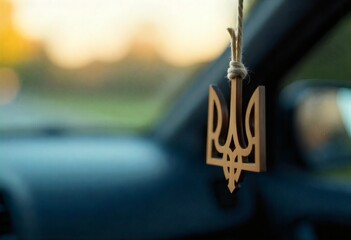 Tryzub pendant hangs from a car mirror, symbolizing Ukrainian heritage and national pride.