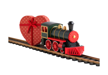 Vintage toy train carrying heart-shaped gift box on tracks, isolated on a transparent background