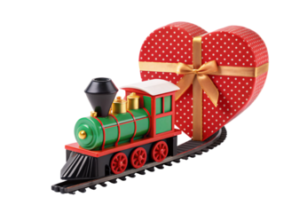 Green toy train pulling heart-shaped gift box with ribbon, isolated on a transparent background