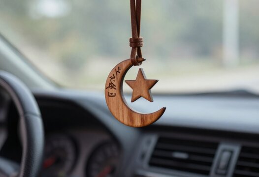 Wooden crescent moon ornament with star and Arabic script hangs from a car mirror, symbolizing Islamic faith.