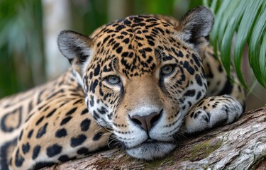 a jaguar is resting on the tree trunk in a tropical rainforest