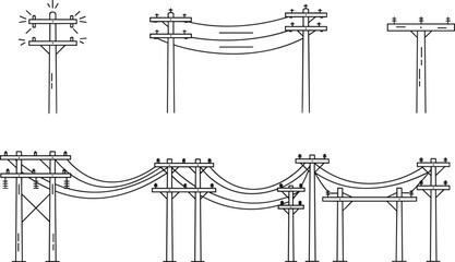 Overhead electric power line and telephone pole vector icon set, urban utility infrastructure for electricity and telecommunication network distribution.