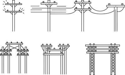 Overhead power lines and electrical utility poles vector illustration, symbolizing electricity transmission, infrastructure, and telecommunications network concept with isolated icons.