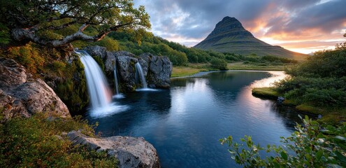a panoramic view of the majestic landscapes in iceland, featuring cascading waterfalls and rolling hills under an orange sky at sunset