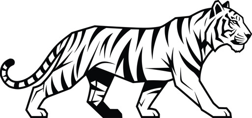 Stylized Black and White Tiger Stalking Vector Illustration, Powerful Majestic Asian Predator Walking, Ideal for Mascot Design and Wilderness Logos, Detailed Outline Artwork