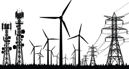 Telecommunication towers, wind turbines, and electricity pylons silhouette representing renewable energy, power generation, and modern digital network infrastructure development, clean power.