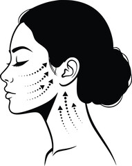 Black and White Vector Icon of Woman&rsquo;s Profile with Skincare Arrows Representing Facial Lifting and Beauty Treatment
