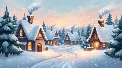 Fototapeta premium Winter wonderland village at sunset with falling snow