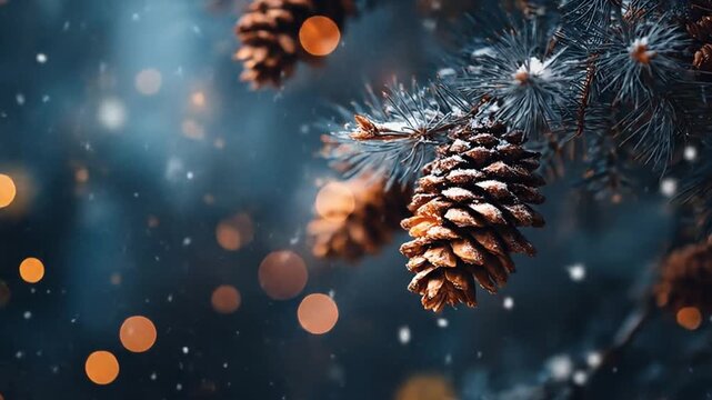 Close-up of pine cones on a fir tree branch with festive golden bokeh lights and snowflakes, creating a magical winter Christmas holiday background.