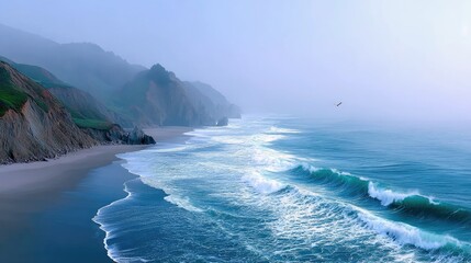 Coastal Waves Crashing on Beach with Mountains and Fog