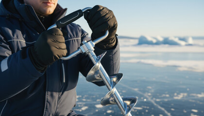 Man holding ice auger on frozen lake with clear winter sky and snow covered landscape. Ice auger enables fishing in frozen lake, showcasing outdoor adventure and cold weather activities.