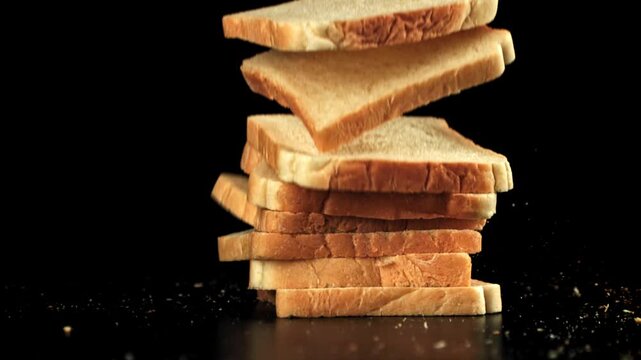 Pieces of bread fall on the table. Filmed on a high-speed camera at 1000 fps. High quality FullHD footage