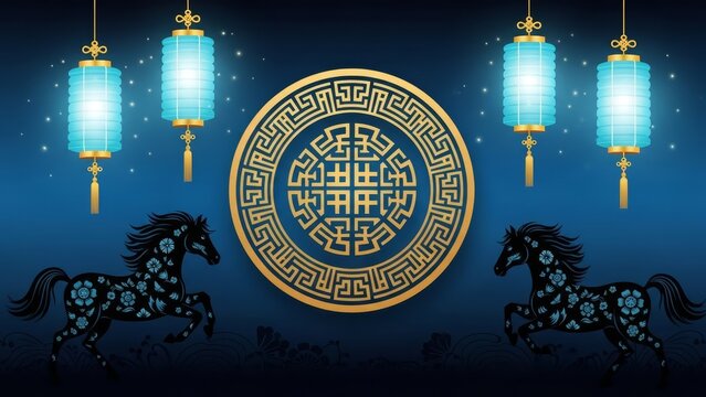 Chinese Zodiac Horse Symbol with Lanterns and Ornate Circle on Blue Background