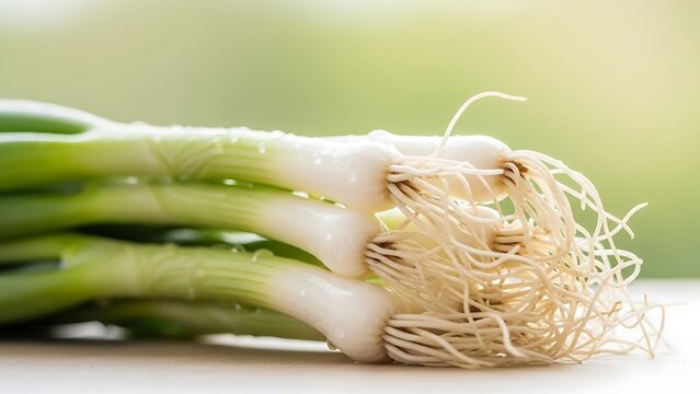 Fresh Organic Spring Onions with Roots, Scallions or Green Onions Macro Shot on Neutral Background. - Powered by Adobe