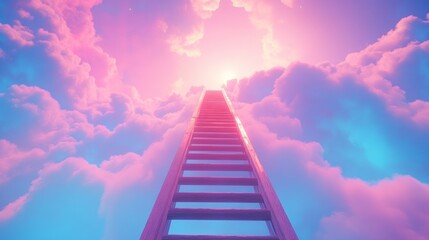 Ladder reaching towards a vibrant, pastel-colored, luminous sky filled with clouds.