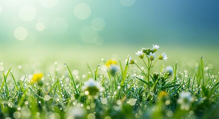 Dewy meadow with wildflowers in soft sunlight springtime serenity