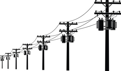 Utility Poles Line Silhouette, Power Lines Grid, Electricity Transmission and Distribution System, Urban Infrastructure Vector Illustration.