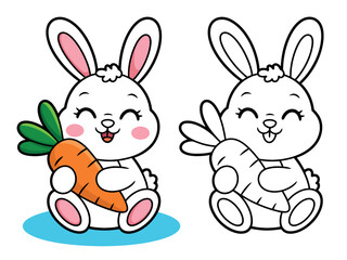 Cute cartoon bunny holding a carrot, with a coloring book version