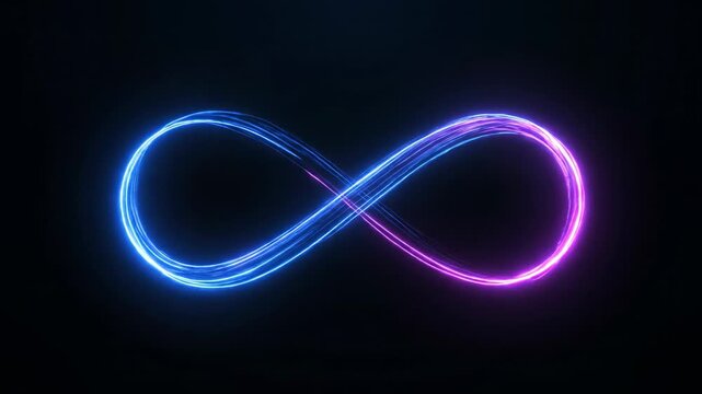 Abstract neon light trails cross in an infinity shape on black