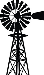 Vintage Farm Windmill Silhouette Vector Isolated on White, Retro Agricultural Wind Pump for Water, Energy, and Power Generation, Rustic Tower Structure