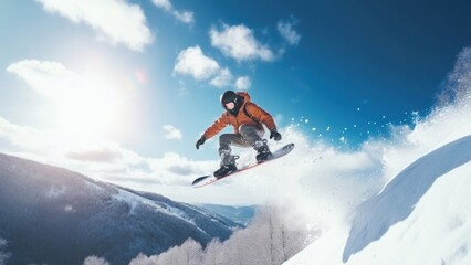 a photo of the man jumping with snowboard from the hill.