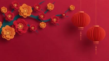 Chinese New Year Decorations with Red Lanterns and Blooming Plum Blossoms on Red Background