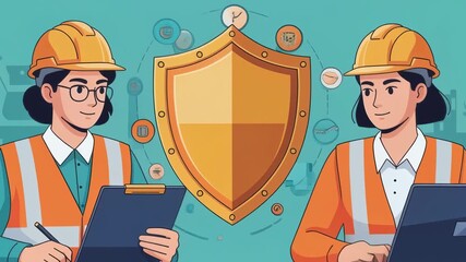 Construction safety professionals with hard hats and vests working near a protective security shield safeguarding industrial operations and teamwork