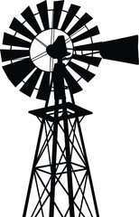 Vintage Windmill Silhouette, Traditional Farm Water Pumping Mechanism, Rustic American West Icon, Renewable Energy Source, Black and White Vector Graphic.