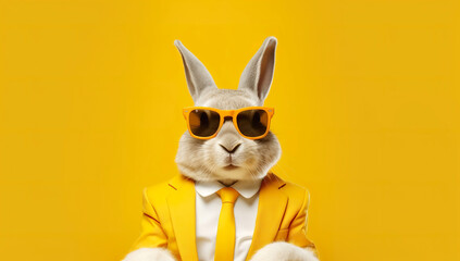 Fashion bunny in yellow suit and sunglasses on yellow background