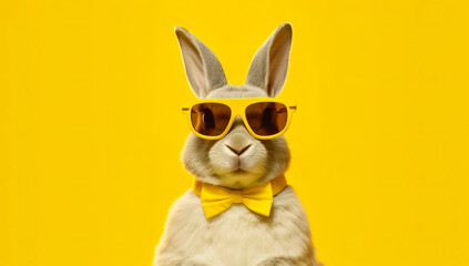 Cool bunny with sunglasses on yellow background