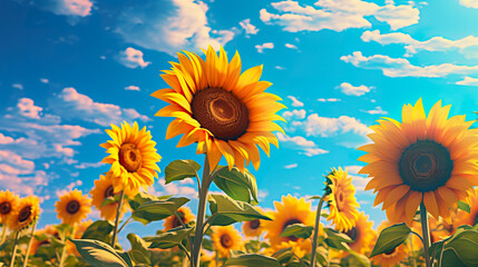 Sunflower field under bright blue sky