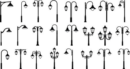 Vintage Street Lamp Post Silhouettes Collection, Urban Park Lighting Elements, Outdoor Garden Lantern Set, Decorative Old-Fashioned Lights Design