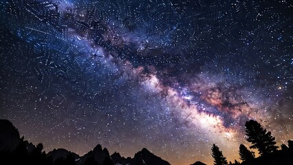 Milky way galaxy over silhouette of trees on a starry night sky