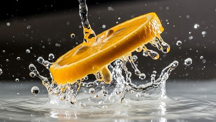 Passion fruit slice splashing into water creating a refreshing and dynamic visual