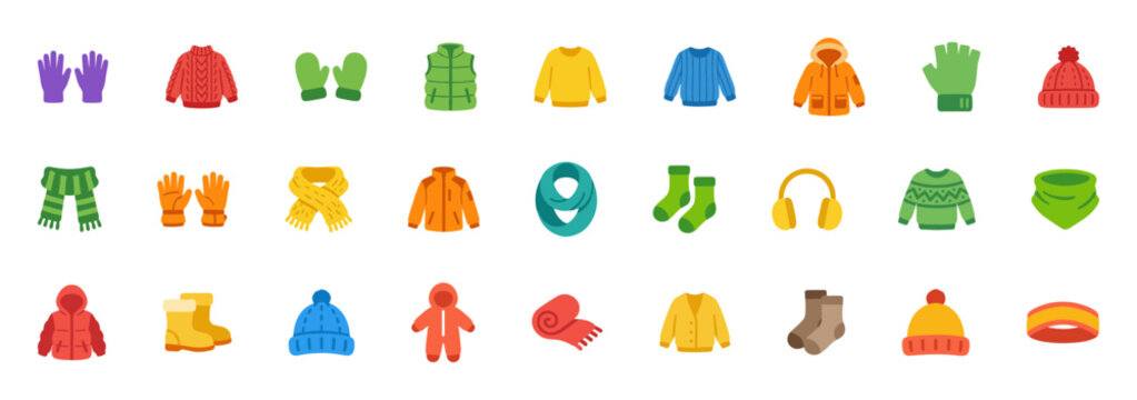 Winter Clothing and Accessories Flat Color Icon Set. Gloves, Sweater, Vest, Jacket, Scarf, Socks, Earmuffs, Boots, Snowsuit, and Hat for Cold.