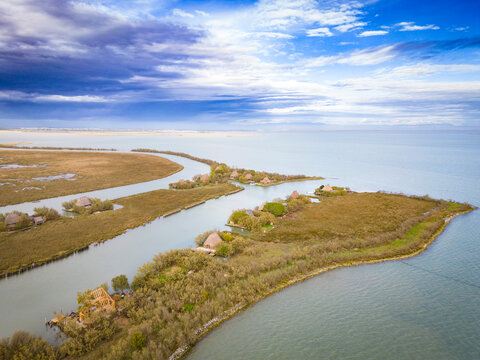 casoni, fisherman house in  marano lagoon, aerial view, friuli venezia giulia, italy