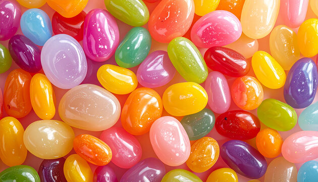 A Textured Background of Glossy, Translucent Colorful Jelly Beans candy sweets