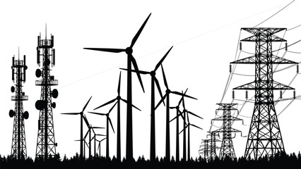 Wind turbines generating renewable green electricity powering telecommunication towers and high voltage transmission lines, energy infrastructure silhouette.