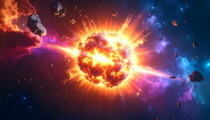 Dramatic cosmic event featuring a stellar explosion amidst asteroids and nebula